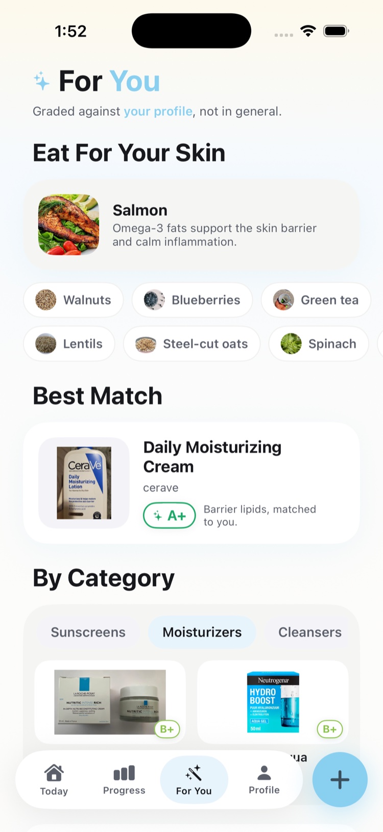 Tansy's For You screen: products graded B or better for your profile