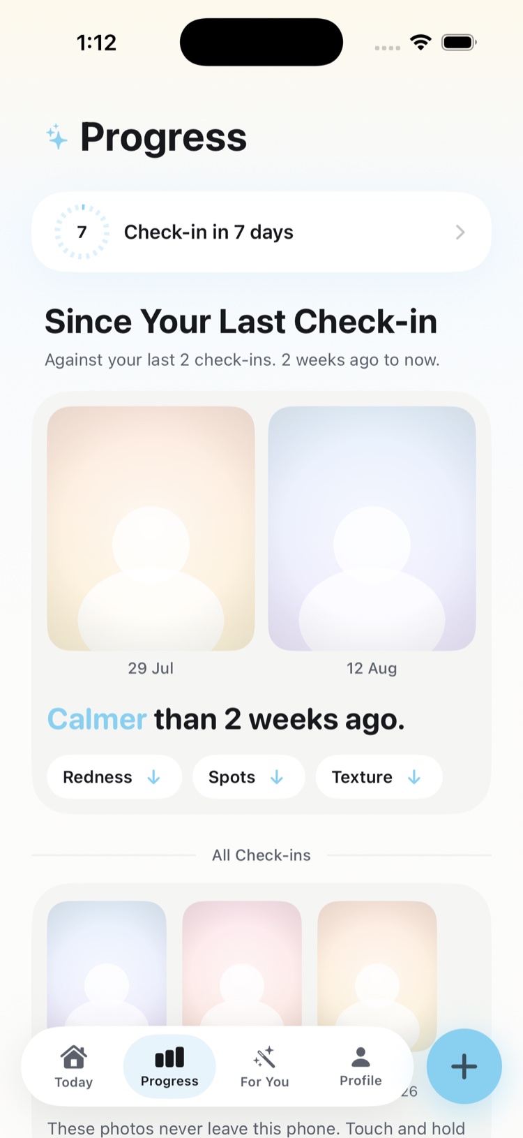 Tansy's Progress screen: weekly check-ins compared over time